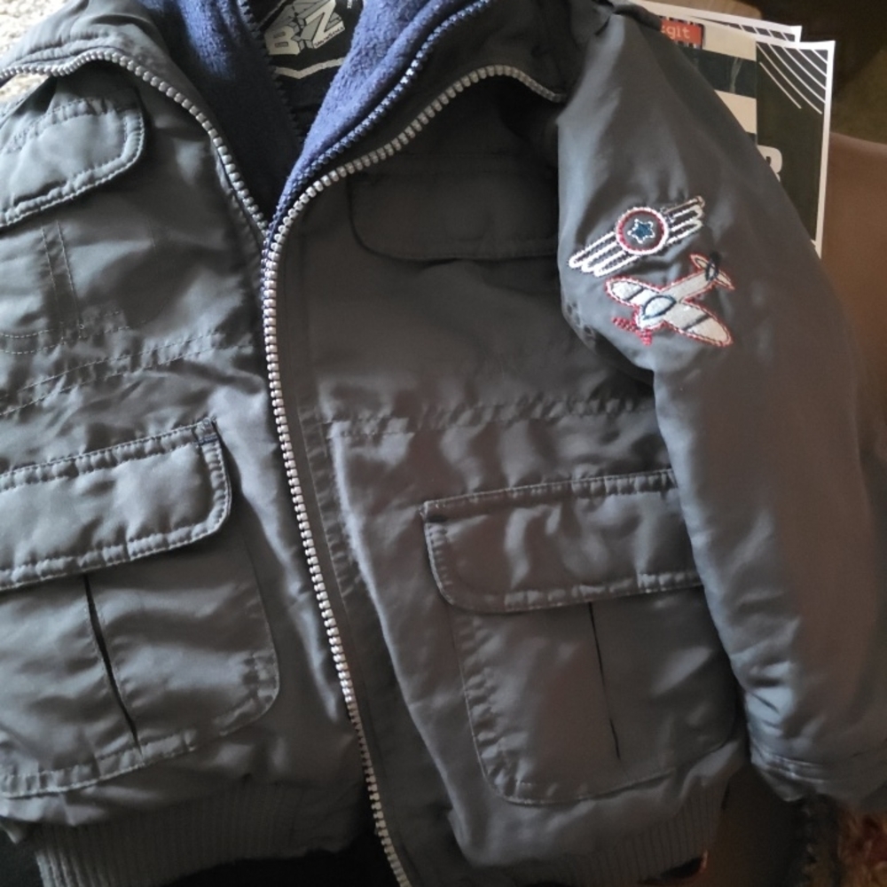 Children's Gray Bomber Jacket with Airplane Design